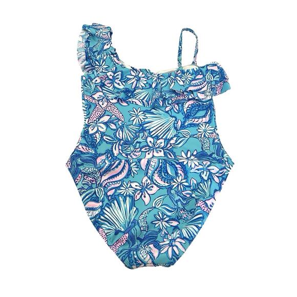 Lilly Pulitzer Caelum Ruffle One Piece Swimsuit Size 10 Amalfi Blue One Shoulder - Picture 4 of 7